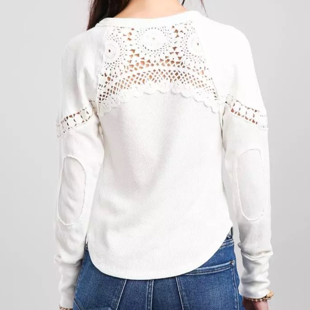 We The Free Luella Textured Waffle Knit Thermal White Crochet Top Shirt Ivory - Picture 2 of 12